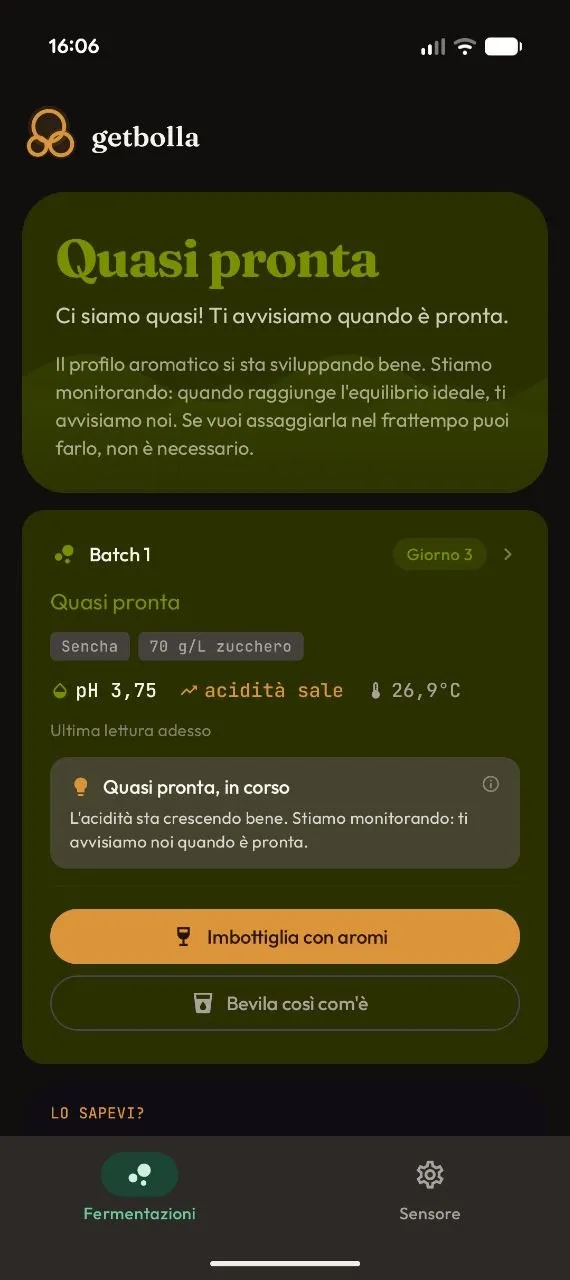 Dashboard GetBolla con stato in tempo reale della fermentazione