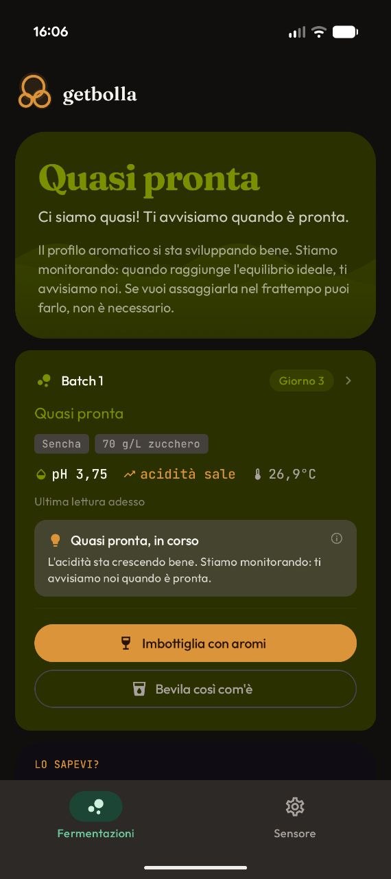 App GetBolla — schermata principale con stato della fermentazione